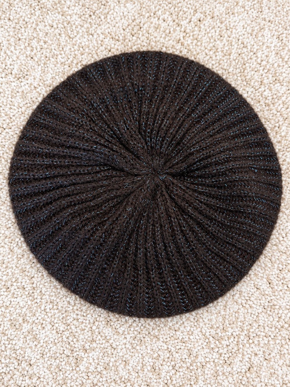 Steve Madden Dark Brown Sparkle Knit Beret Hat Blue Metallic Thread NWT